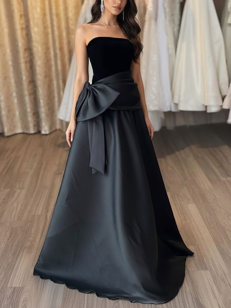 A-Line/Princess Off-the-Shoulder Satin Evening Dresses Velvet Floor-Length Sleeveless Bowknot Party Dresses
