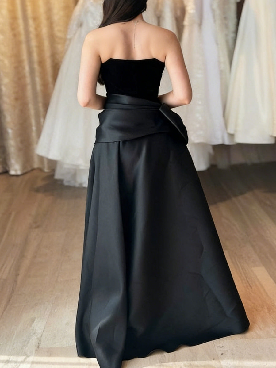 A-Line/Princess Off-the-Shoulder Satin Evening Dresses Velvet Floor-Length Sleeveless Bowknot Party Dresses
