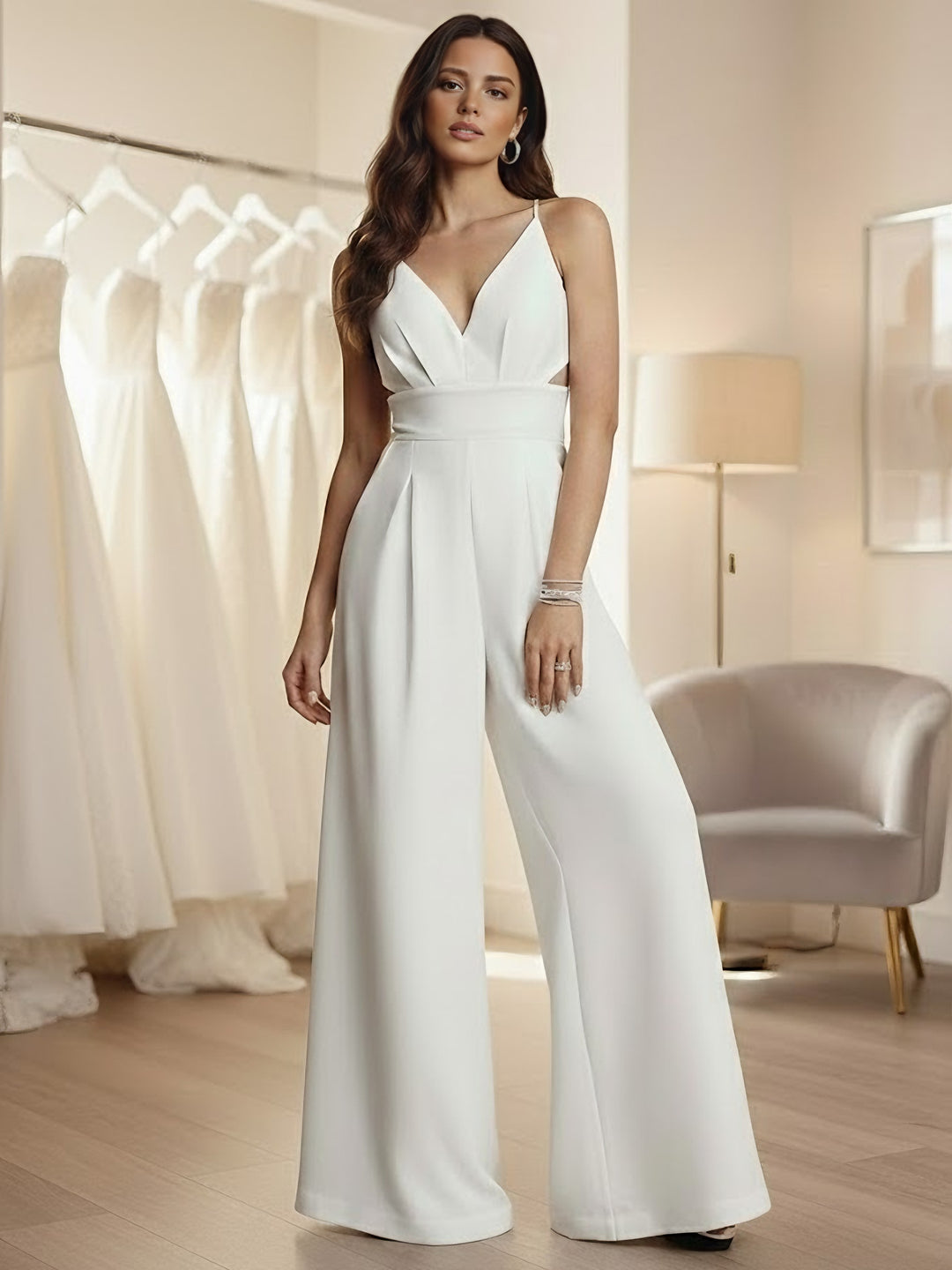 Jumpsuit V-Neck Stretch Satin Evening Dresses Spaghetti Straps Sleeveless Hollow Ruched Party Dresses