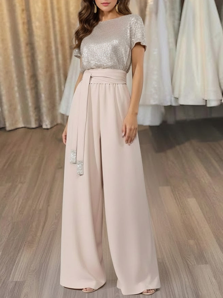 Jumpsuit Scoop Stretch Satin Evening Dresses Sequins Sash Short Sleeves Party Dresses