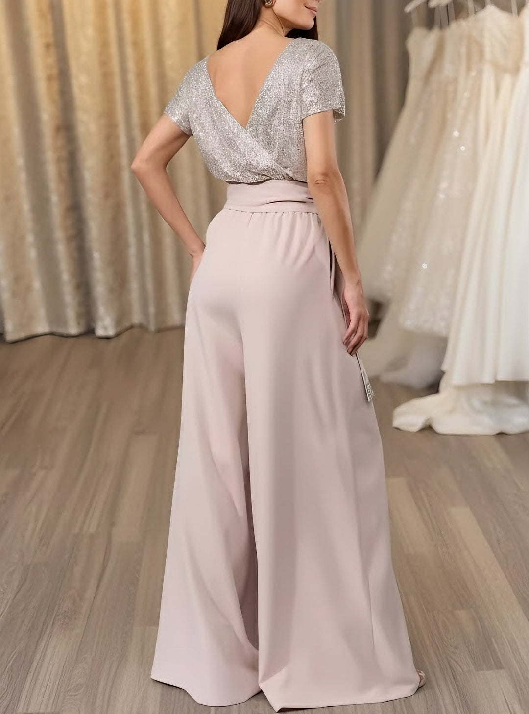 Jumpsuit Scoop Stretch Satin Evening Dresses Sequins Sash Short Sleeves Party Dresses