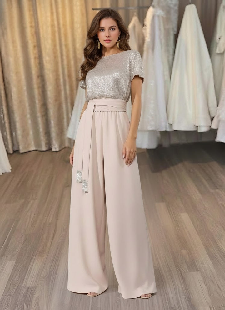 Jumpsuit Scoop Stretch Satin Evening Dresses Sequins Sash Short Sleeves Party Dresses