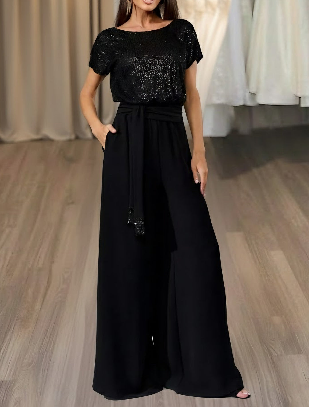 Jumpsuit Scoop Stretch Satin Evening Dresses Sequins Sash Short Sleeves Party Dresses
