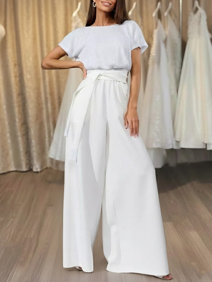 Jumpsuit Scoop Stretch Satin Evening Dresses Sequins Sash Short Sleeves Party Dresses