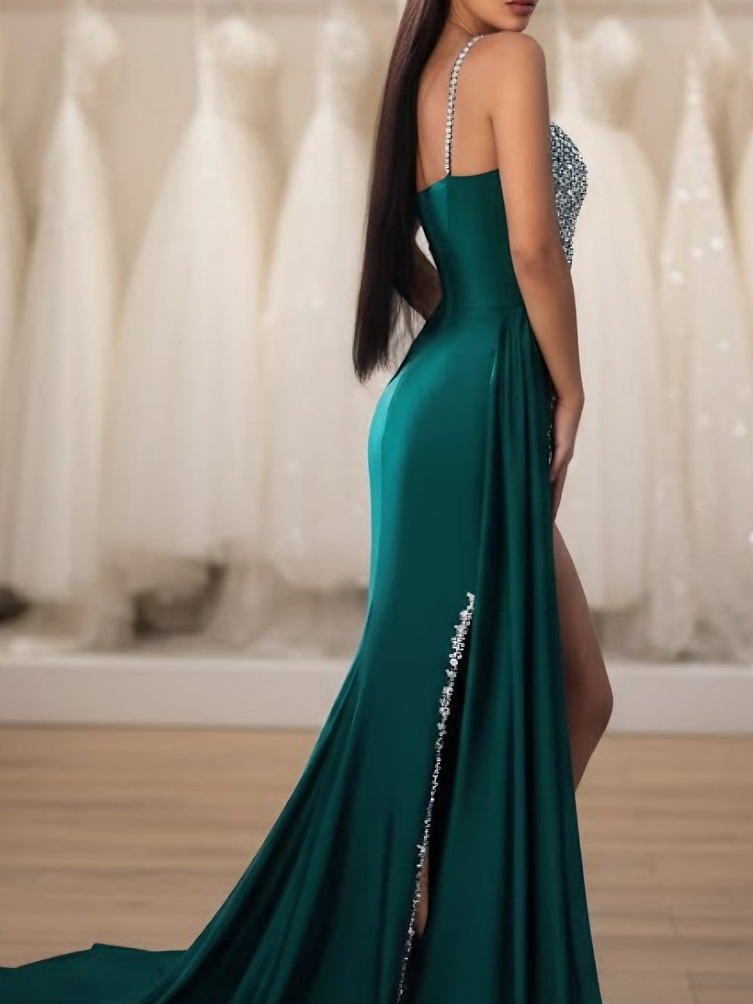 Sheath/Column Off-the-Shoulder Satin Evening Dresses with Split Side Watteau Train Sleeveless Sweep Train Floor-Length Party Dresses