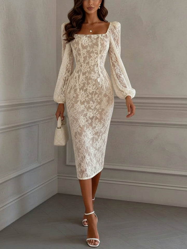 Sheath/Column Square Collar Lace Cocktail Dresses Tea-Length Long Sleeves Formal Dresses