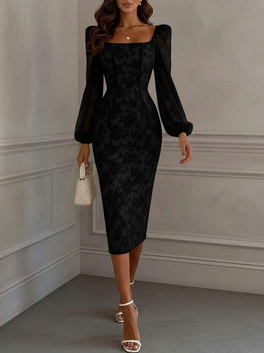 Sheath/Column Square Collar Lace Cocktail Dresses Tea-Length Long Sleeves Formal Dresses