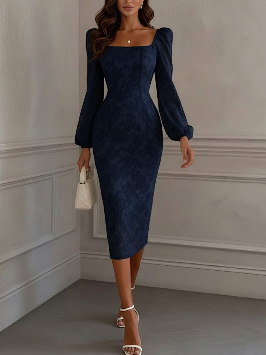 Sheath/Column Square Collar Lace Cocktail Dresses Tea-Length Long Sleeves Formal Dresses