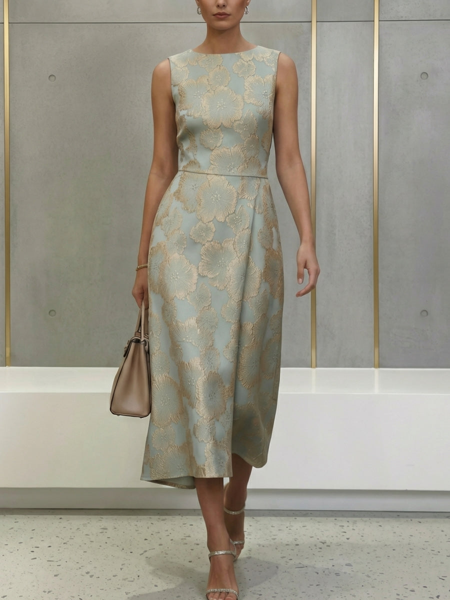 Sheath/Column Scoop Jacquard Cocktail Dresses Tea-Length Sleeveless Floral Formal Dresses