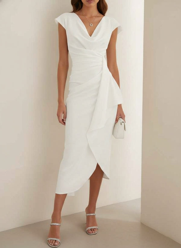 Sheath/Column V-Neck Stretch Satin Cocktail Dresses Tea-Length Sleeveless Ruffles Formal Dresses