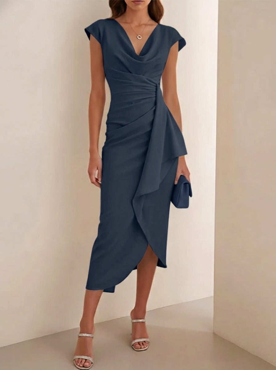 Sheath/Column V-Neck Stretch Satin Cocktail Dresses Tea-Length Sleeveless Ruffles Formal Dresses