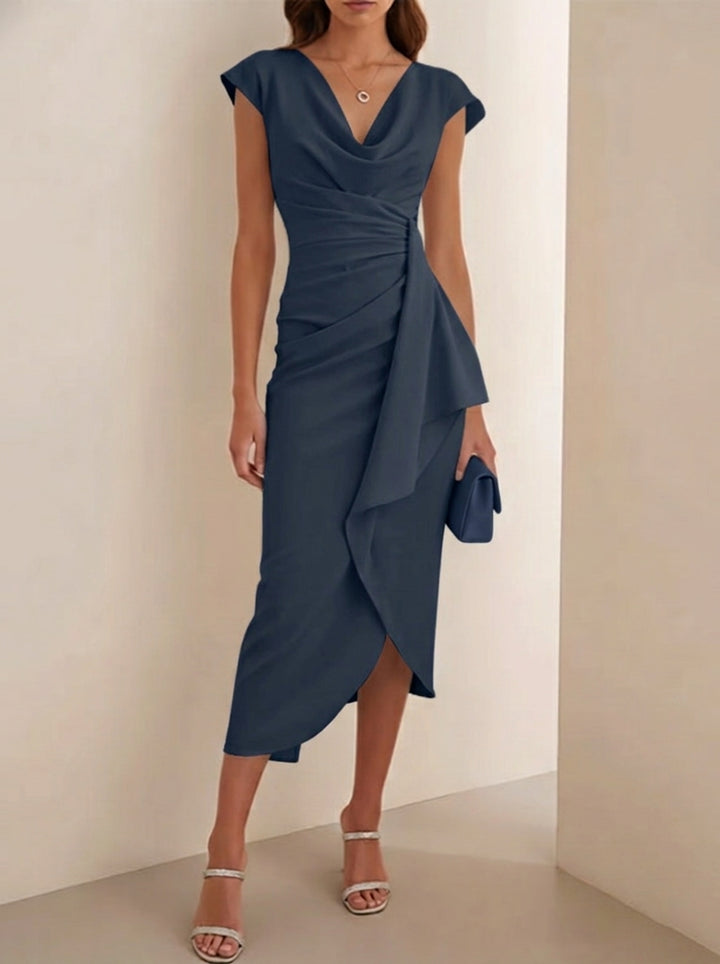 Sheath/Column V-Neck Stretch Satin Cocktail Dresses Tea-Length Sleeveless Ruffles Formal Dresses