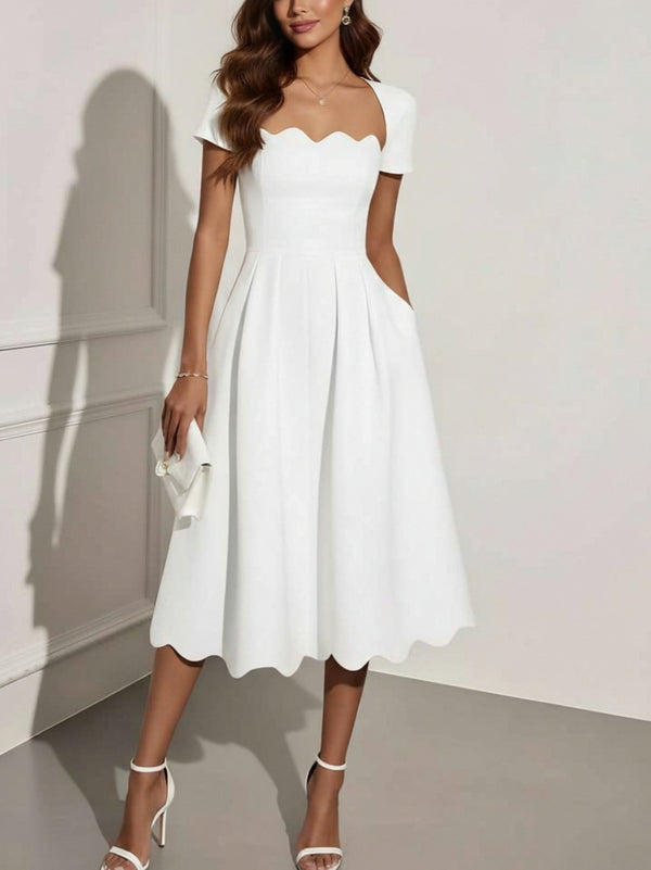 A-Line/Princess Square Neck Stretch Satin Cocktail Dresses Tea-Length Short Sleeves Pleated Formal Dresses