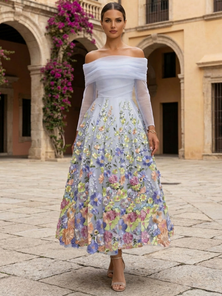 A-Line/Princess Off-the-Shoulder Tulle Cocktail Dresses Ankle-Length Long Sleeves Floral Lace Formal Dresses