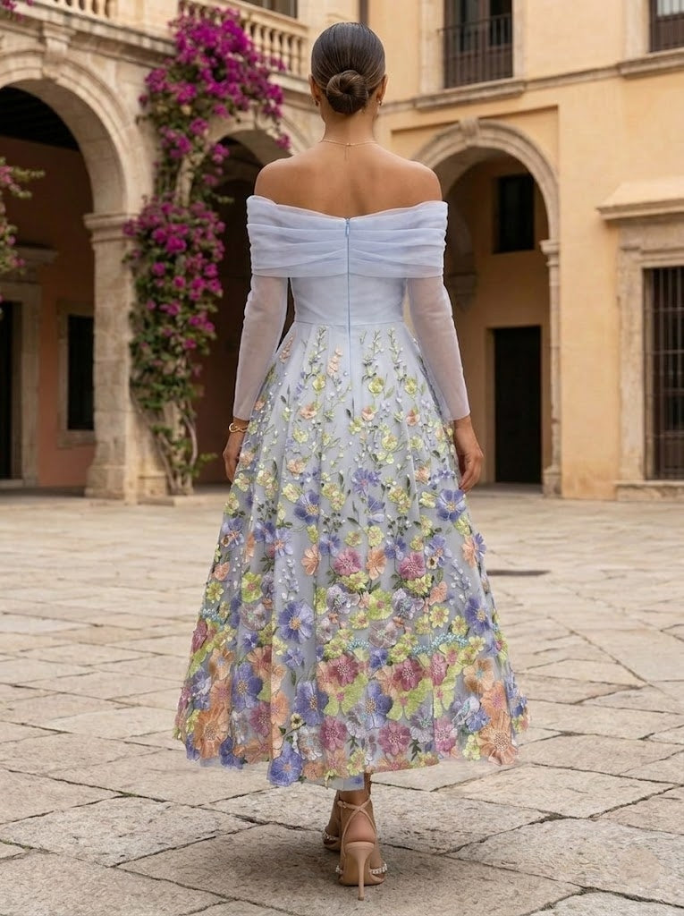 A-Line/Princess Off-the-Shoulder Tulle Cocktail Dresses Ankle-Length Long Sleeves Floral Lace Formal Dresses
