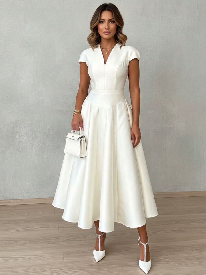 A-Line/Princess V-Neck Satin Cocktail Dresses Cap Sleeves Tea-Length Pleated Formal Dresses