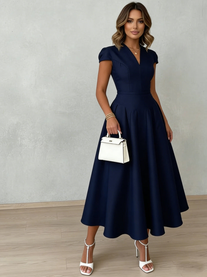 A-Line/Princess V-Neck Satin Cocktail Dresses Cap Sleeves Tea-Length Pleated Formal Dresses