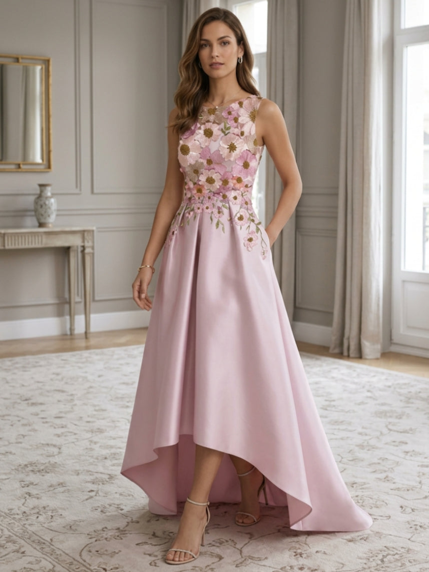 Embroidered Lace Cocktail Dress A-Line/Princess Scoop Satin Cocktail Dresses  Asymmetrical Floor-Length