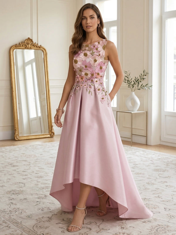 A-Line/Princess Scoop Satin Cocktail Dresses Asymmetrical Floor-Length Sleeveless Floral Lace Embroidery Formal Dresses