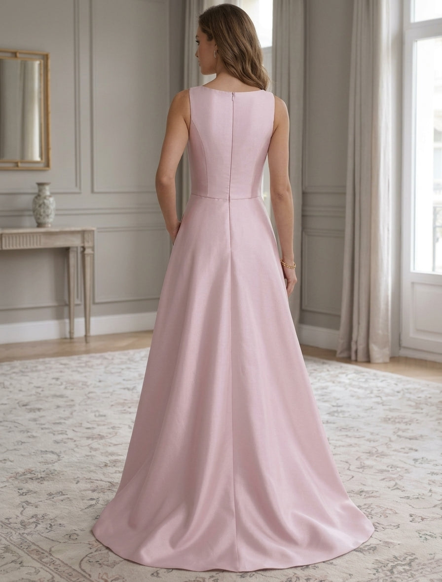 A-Line/Princess Scoop Satin Cocktail Dresses Asymmetrical Floor-Length Sleeveless Floral Lace Embroidery Formal Dresses
