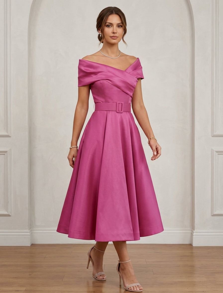 A-Line/Princess Off-the-Shoulder Cocktail Dresses Tea-Length Sleeveless Belt Formal Dresses