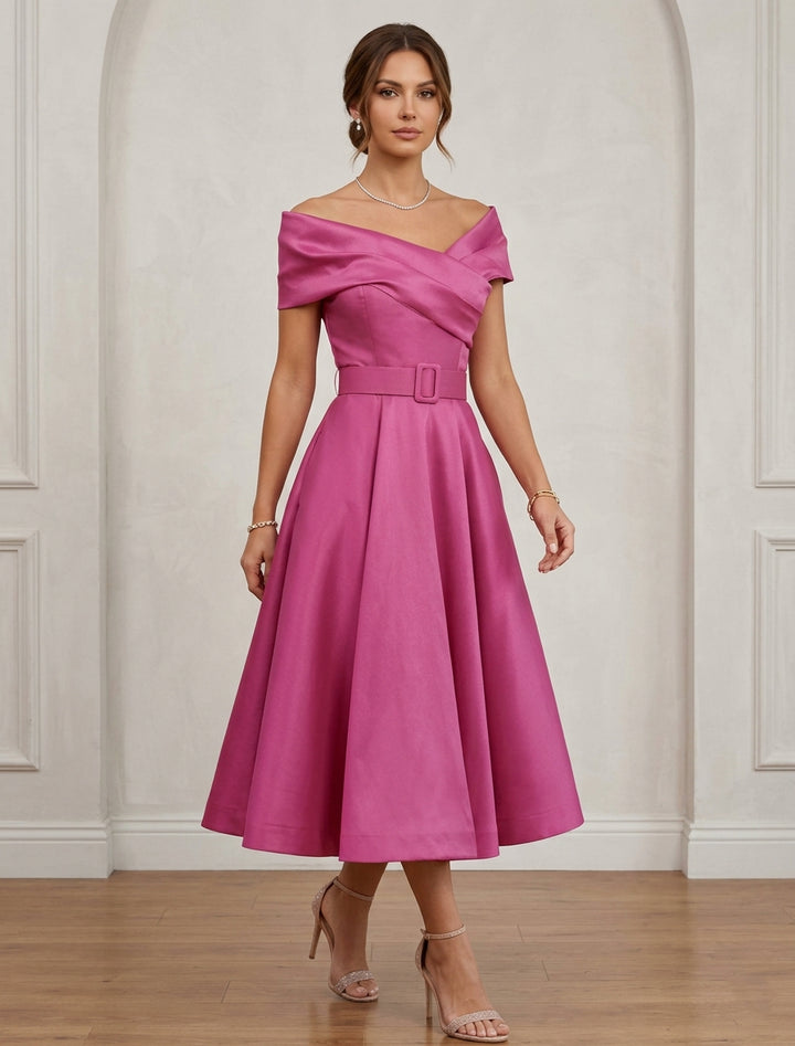 A-Line/Princess Off-the-Shoulder Cocktail Dresses Tea-Length Sleeveless Belt Formal Dresses