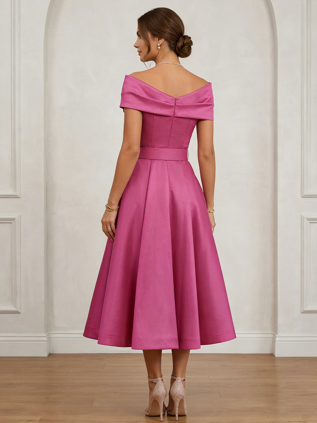 A-Line/Princess Off-the-Shoulder Cocktail Dresses Tea-Length Sleeveless Belt Formal Dresses