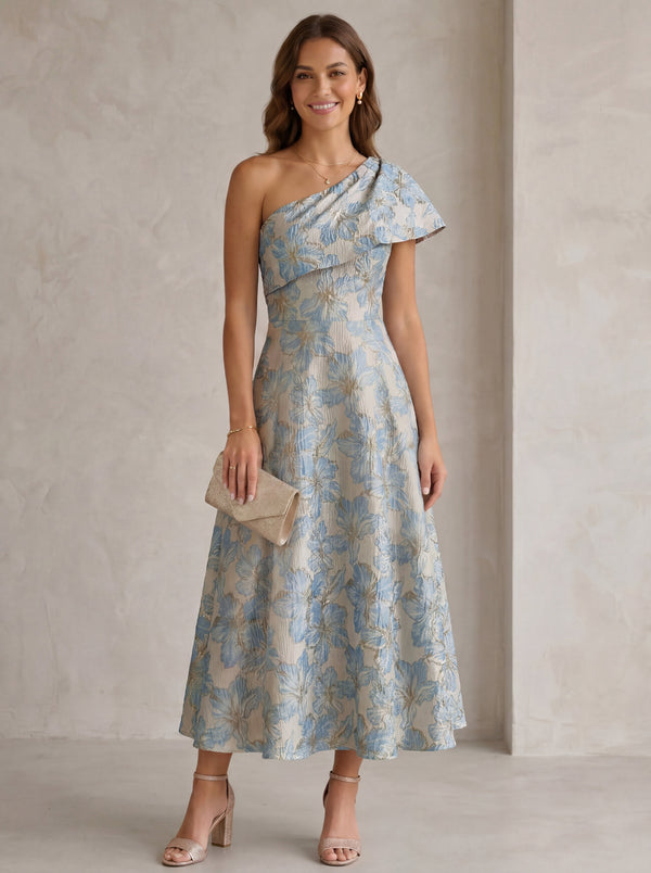 A-Line/Princess One-Shoulder Jacquard Cocktail Dresses Tea-Length Sleeveless Floral Formal Dresses