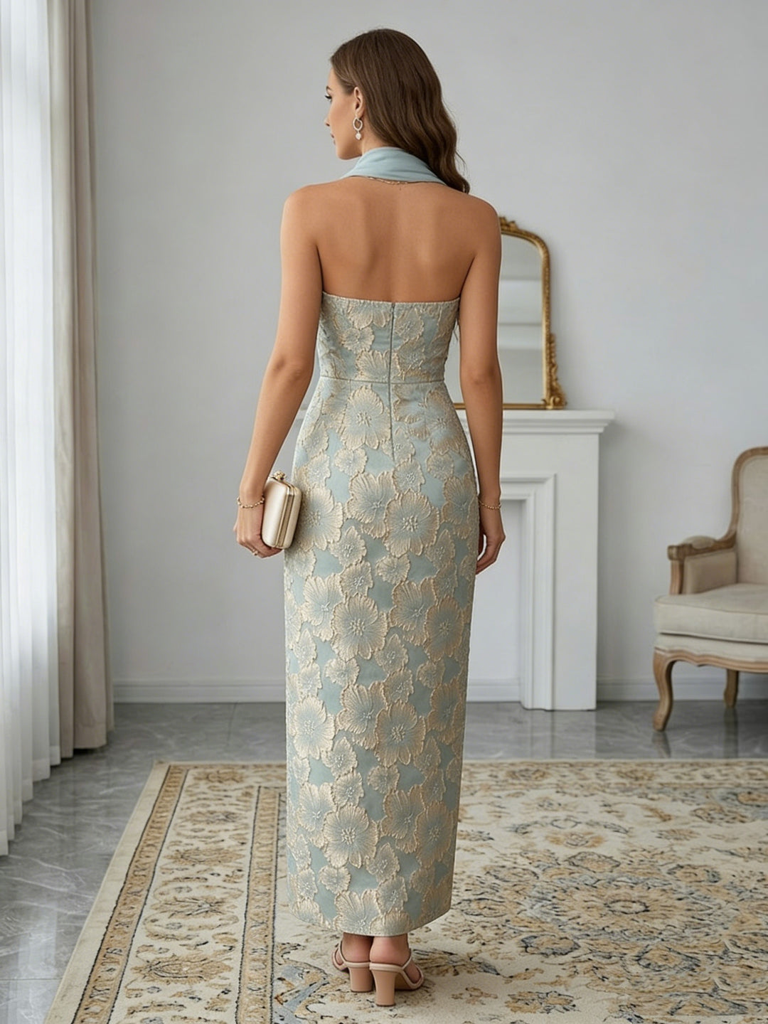 Sheath/Column Strapless Jacquard Cocktail Dresses with Scarf Ankle-Length Sleeveless Floral Formal Dresses