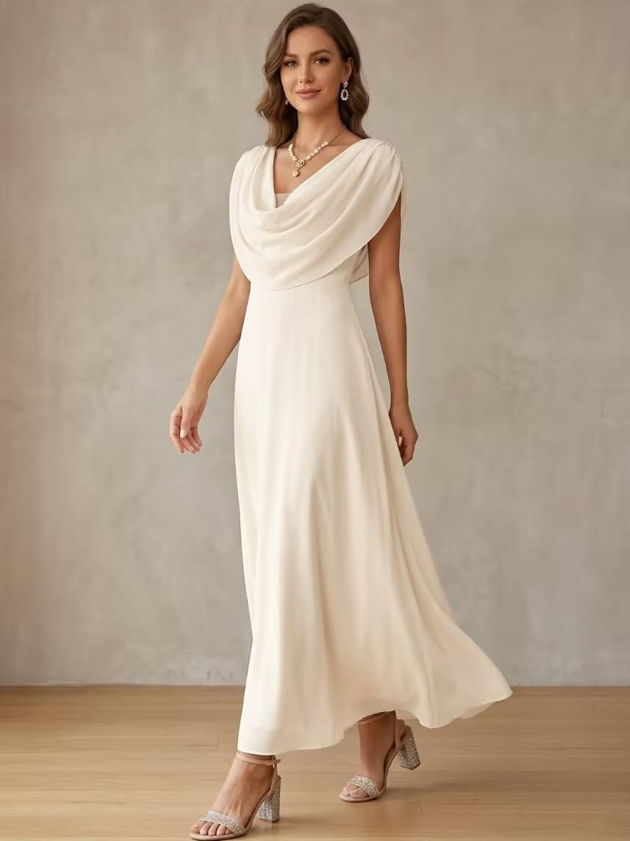 A-Line/Princess Cowl Neck Chiffon Cocktail Dresses Little White Dresses Ankle-Length Sleeveless Graduation Dress, Ivory