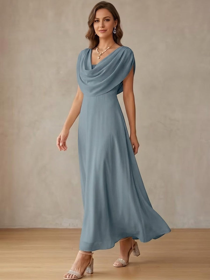 A-Line/Princess Cowl Neck Chiffon Cocktail Dresses Little White Dresses Ankle-Length Sleeveless Graduation Dress