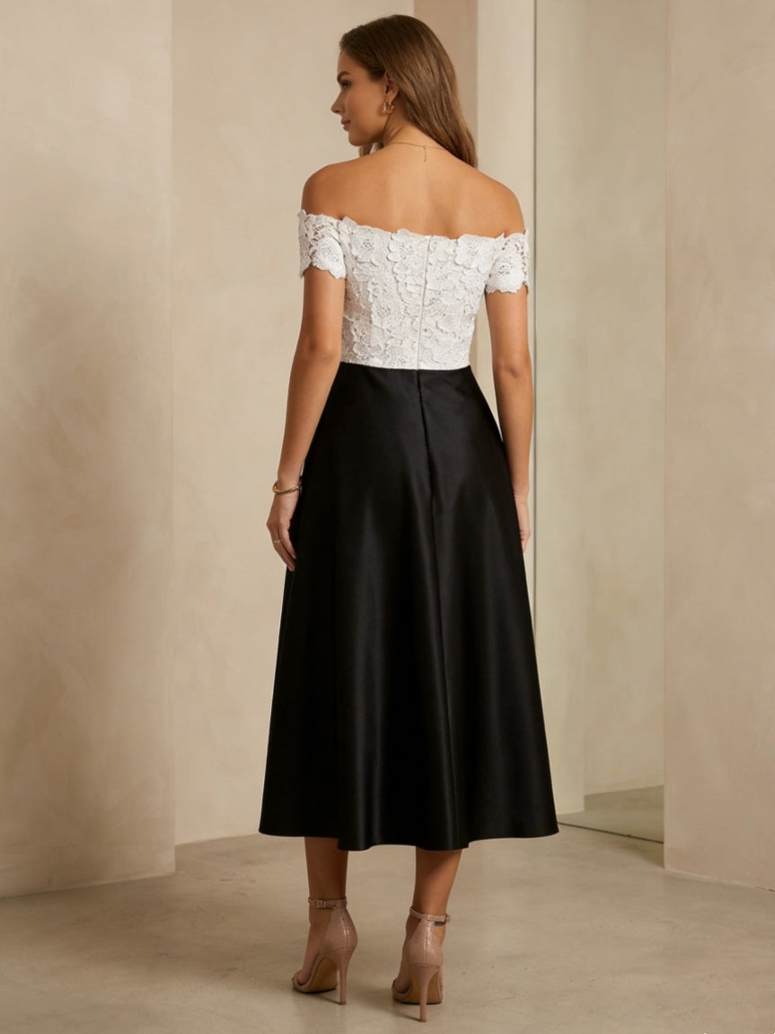 A-Line/Princess Off-the-Shoulder Satin Cocktail Dresses Lace Tea-Length Sleeveless Formal Dresses