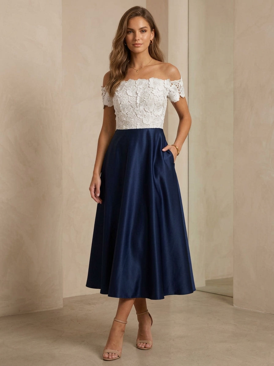 A-Line/Princess Off-the-Shoulder Satin Cocktail Dresses Lace Tea-Length Sleeveless Formal Dresses