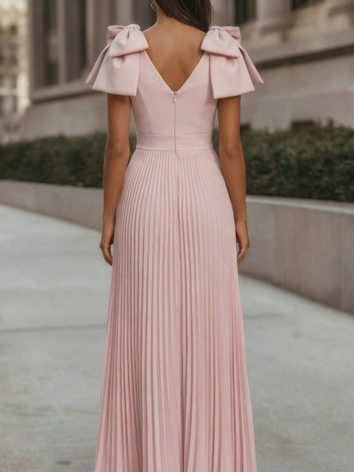 A-Line/Princess V-Neck Chiffon Cocktail Dresses Ankle-Length Sleeveless with Bowknot Formal Dress Ivory