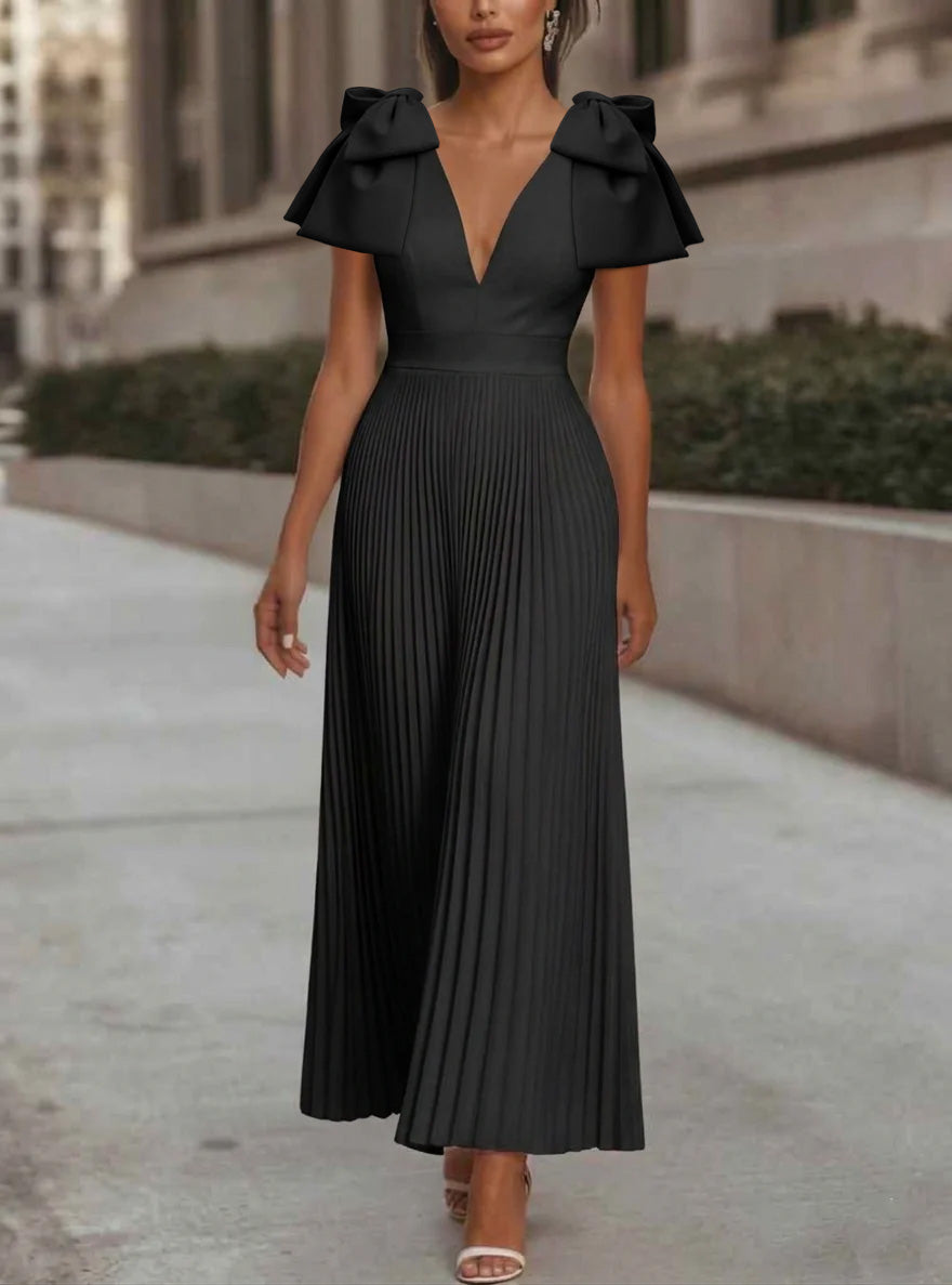 A-Line/Princess V-Neck Chiffon Cocktail Dresses Ankle-Length Sleeveless with Bowknot Formal Dress