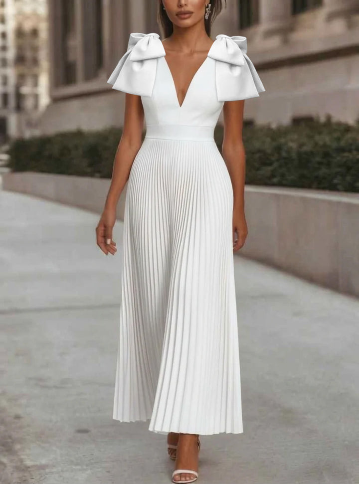 A-Line/Princess V-Neck Chiffon Cocktail Dresses Ankle-Length Sleeveless with Bowknot Formal Dress