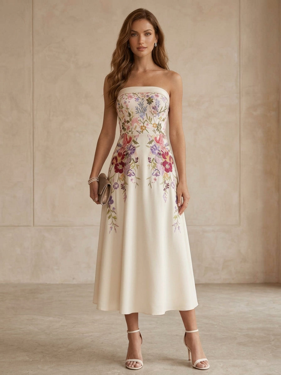 A-Line/Princess Strapless Satin Cocktail Dresses Little White Dresses Tea-Length Sleeveless Floral Graduation Dress, Ivory