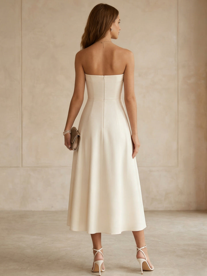 A-Line/Princess Strapless Satin Cocktail Dresses Little White Dresses Tea-Length Sleeveless Floral Graduation Dress, Ivory A-Line/Princess Strapless Satin Cocktail Dresses Little White Dresses Tea-Length Sleeveless Floral Graduation Dress, Ivory