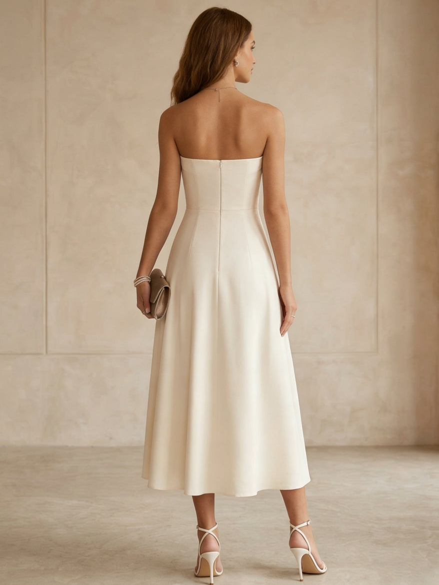 A-Line/Princess Strapless Satin Cocktail Dresses Little White Dresses Tea-Length Sleeveless Floral Graduation Dress, Ivory A-Line/Princess Strapless Satin Cocktail Dresses Little White Dresses Tea-Length Sleeveless Floral Graduation Dress, Ivory