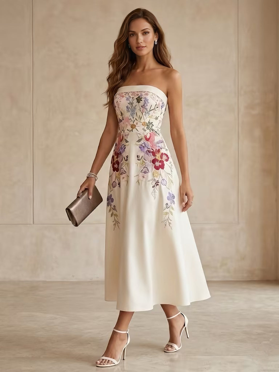 A-Line/Princess Strapless Satin Cocktail Dresses Little White Dresses Tea-Length Sleeveless Floral Graduation Dress