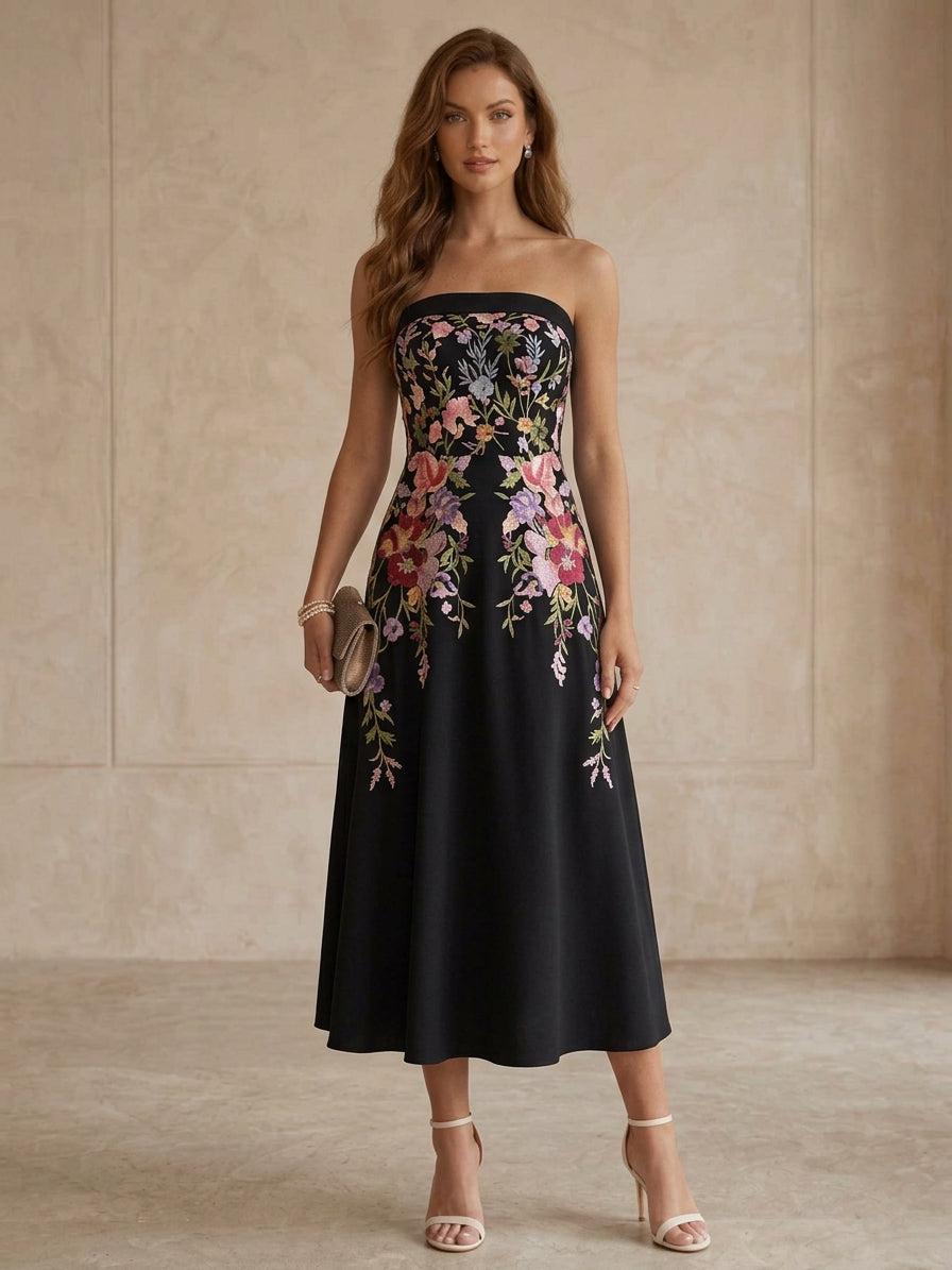 A-Line/Princess Strapless Satin Cocktail Dresses Little White Dresses Tea-Length Sleeveless Floral Graduation Dress