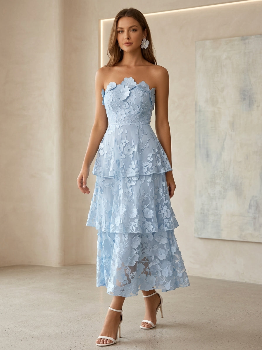 A-Line/Princess Strapless Lace Cocktail Dresses Tea-Length Sleeveless Ruffles Floral Formal Dresses