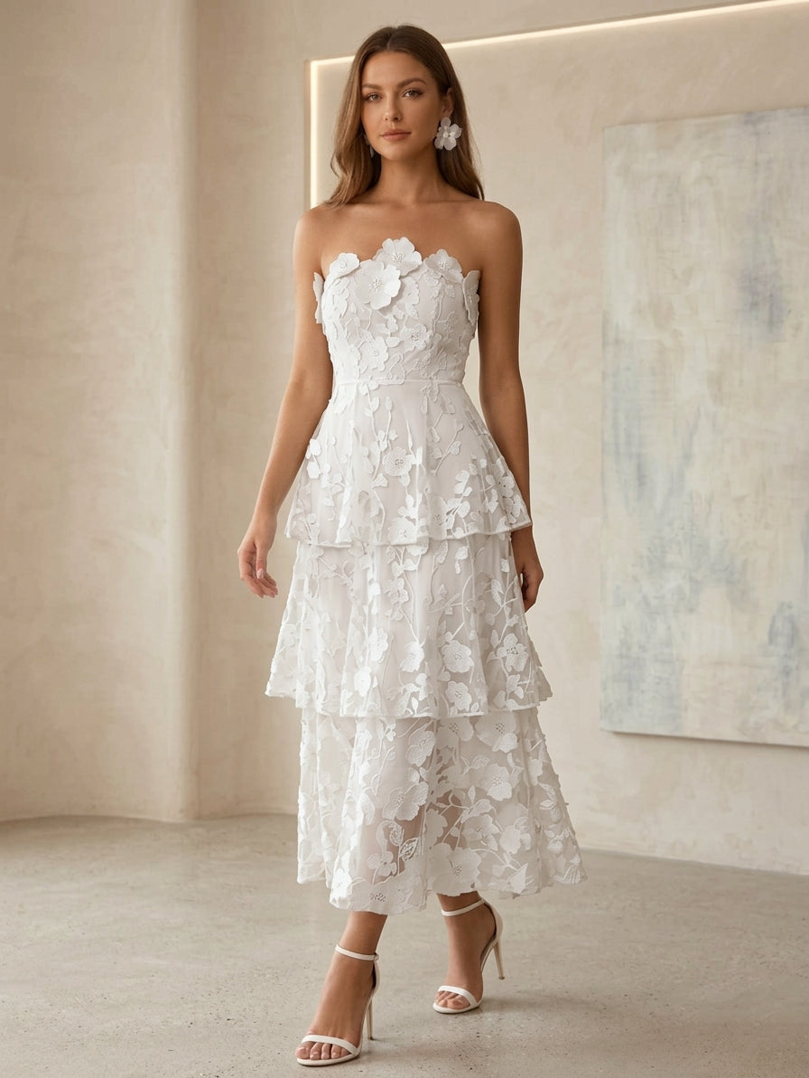 A-Line/Princess Strapless Lace Cocktail Dresses Tea-Length Sleeveless Ruffles Floral Formal Dresses