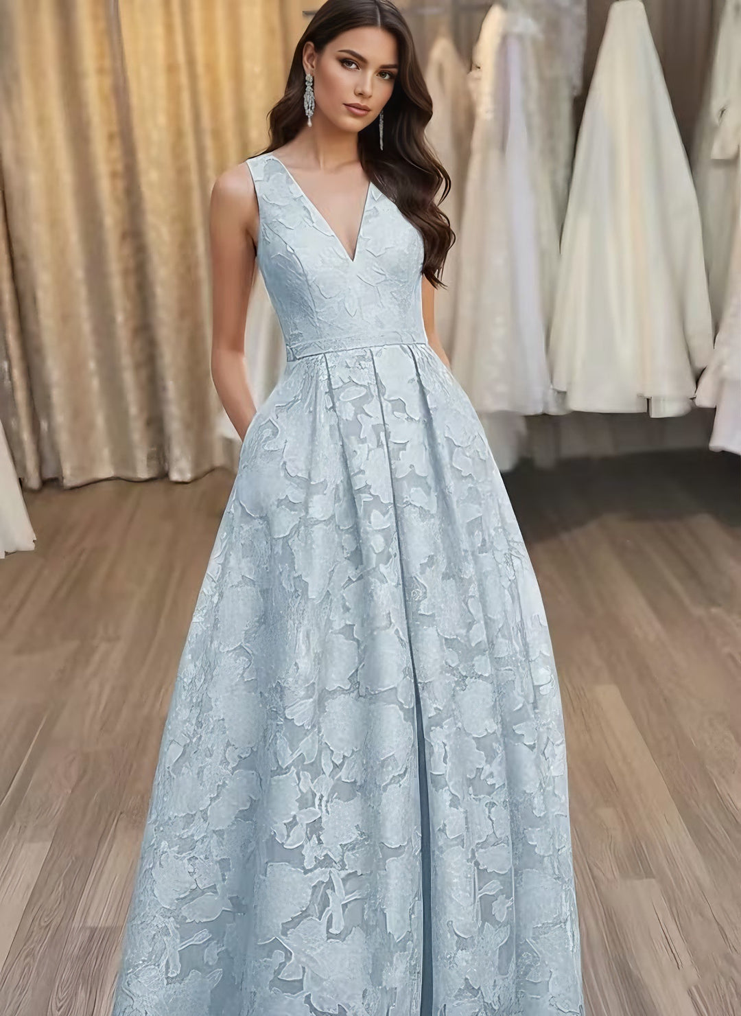 A-Line/Princess V-Neck Lace Floral Evening Dresses Floor-Length Sleeveless Party Dresses