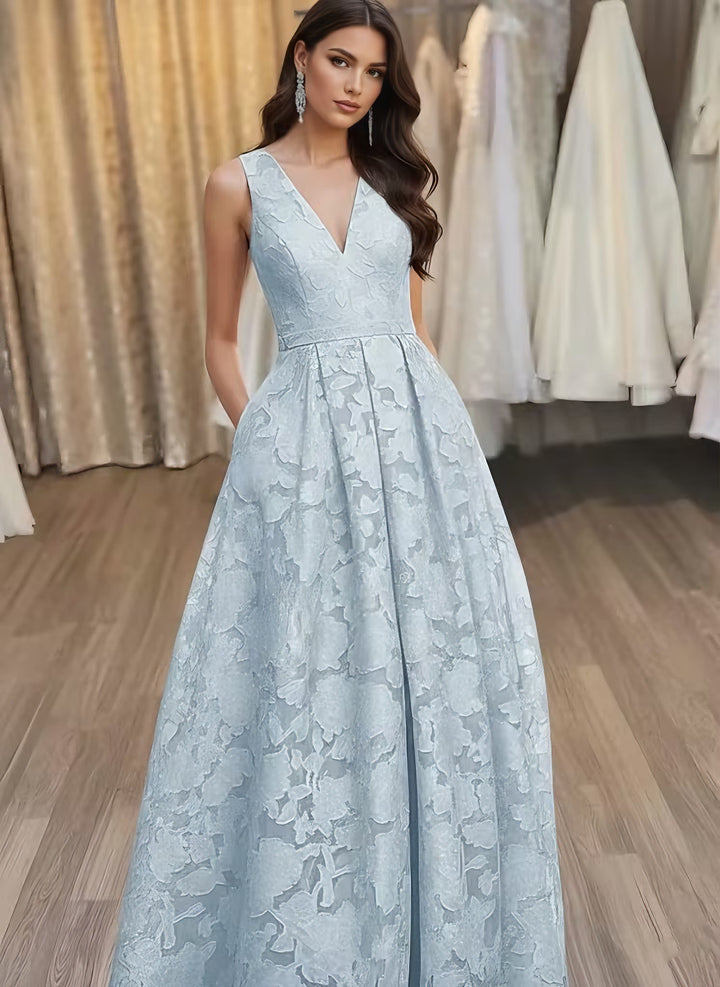 A-Line/Princess V-Neck Lace Floral Evening Dresses Floor-Length Sleeveless Party Dresses