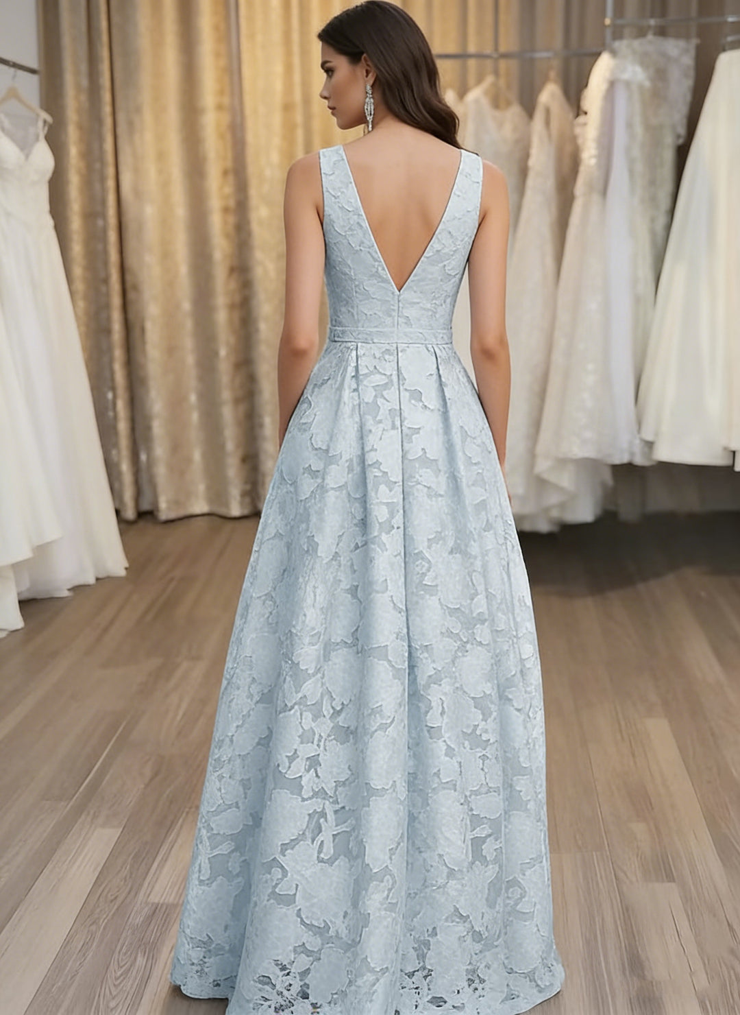 A-Line/Princess V-Neck Lace Floral Evening Dresses Floor-Length Sleeveless Party Dresses