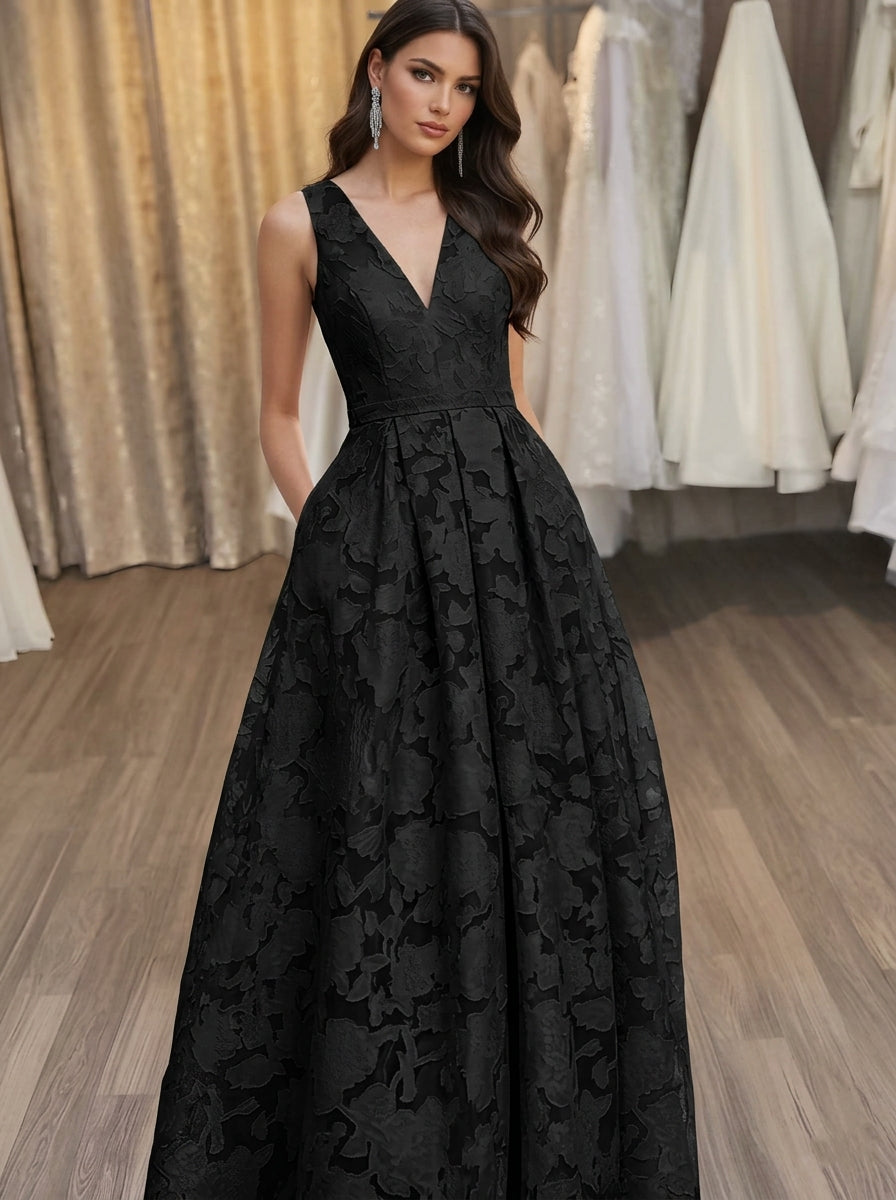 A-Line/Princess V-Neck Lace Floral Evening Dresses Floor-Length Sleeveless Party Dresses