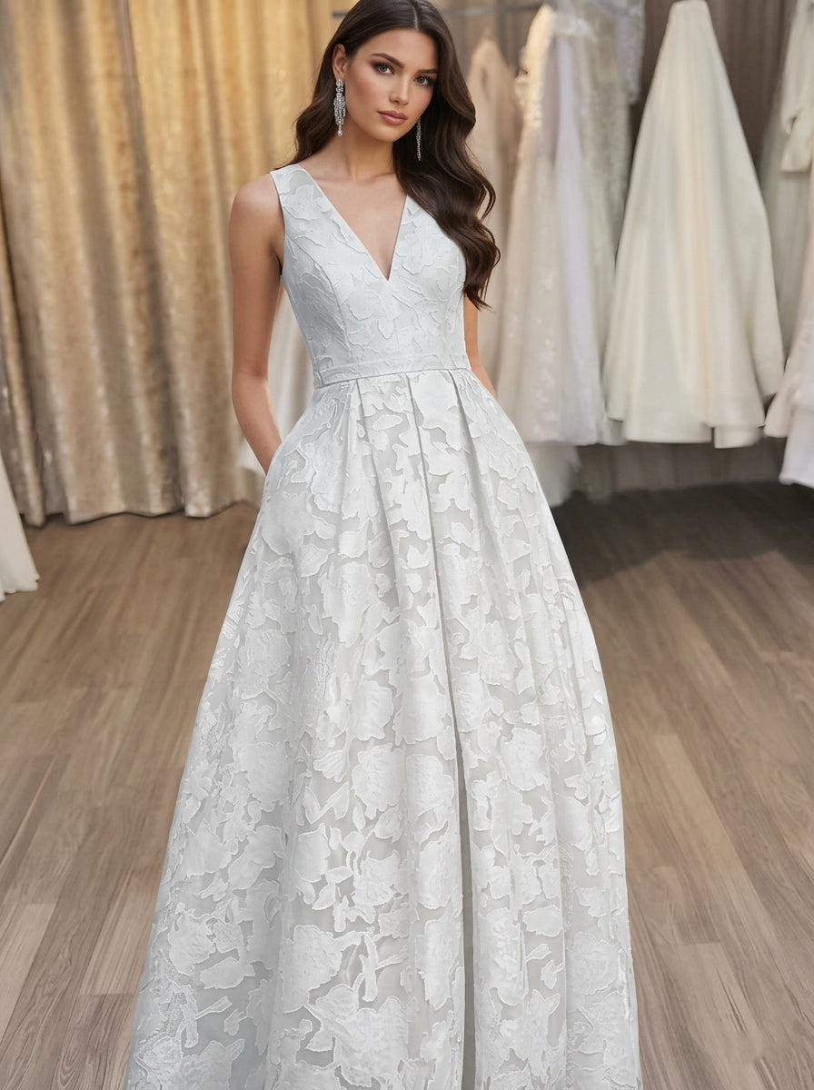 A-Line/Princess V-Neck Lace Floral Evening Dresses Floor-Length Sleeveless Party Dresses