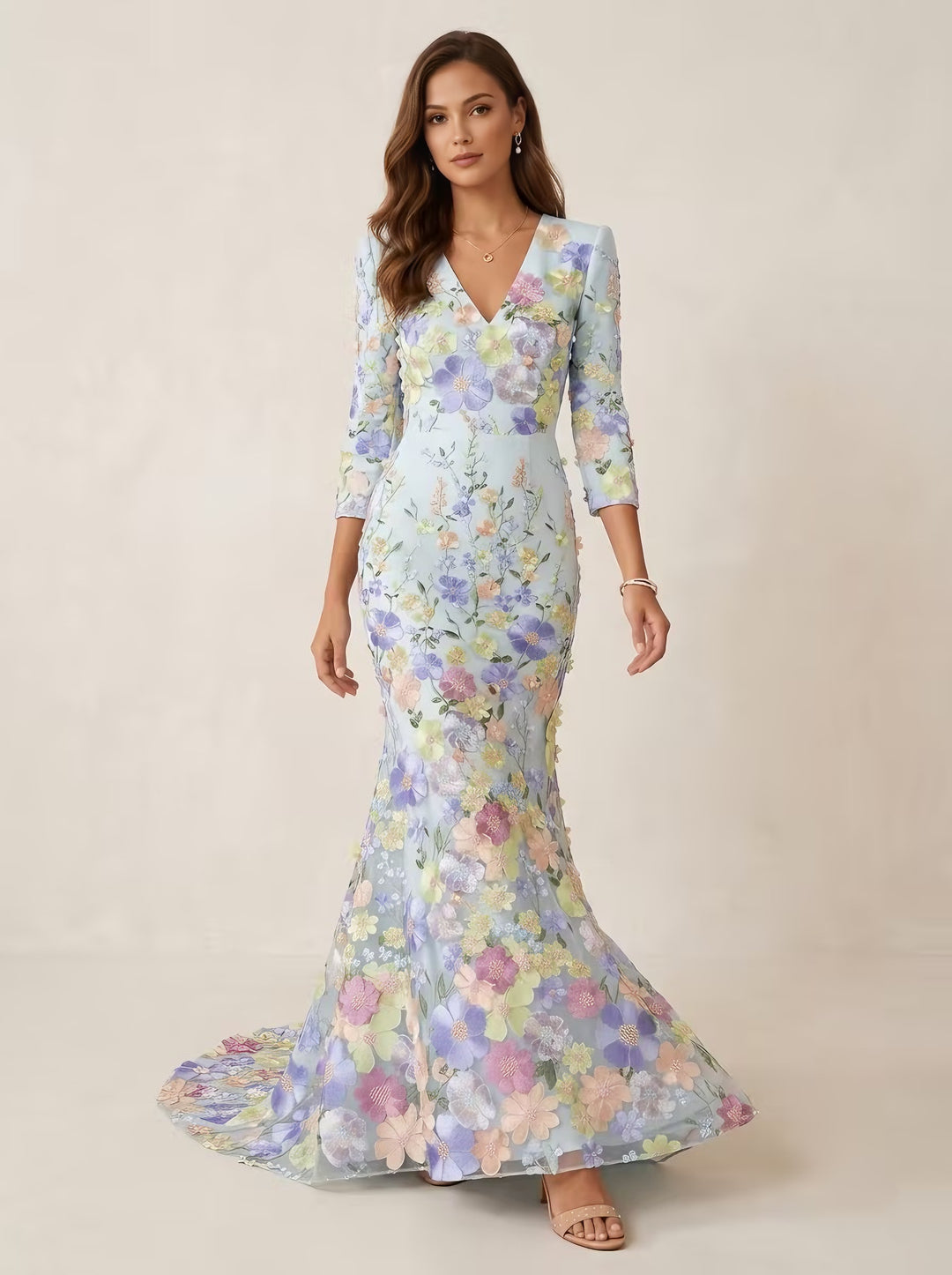 Trumpet/Mermaid V-Neck Lace Evening Dresses Floral Embroidery Floor-Length 3/4 Sleeves Party Dresses