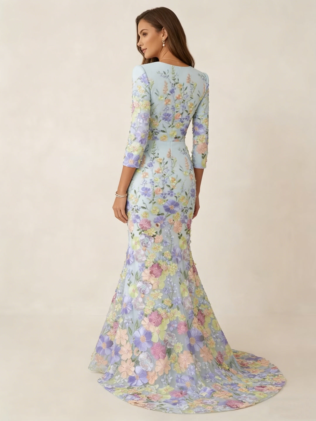 Trumpet/Mermaid V-Neck Lace Evening Dresses Floral Embroidery Floor-Length 3/4 Sleeves Party Dresses